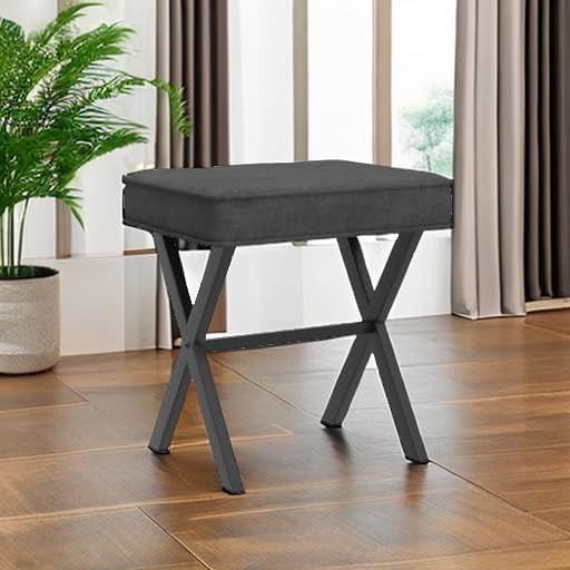 Carbon Gray Linen Square Metal Leg Vanity Stool