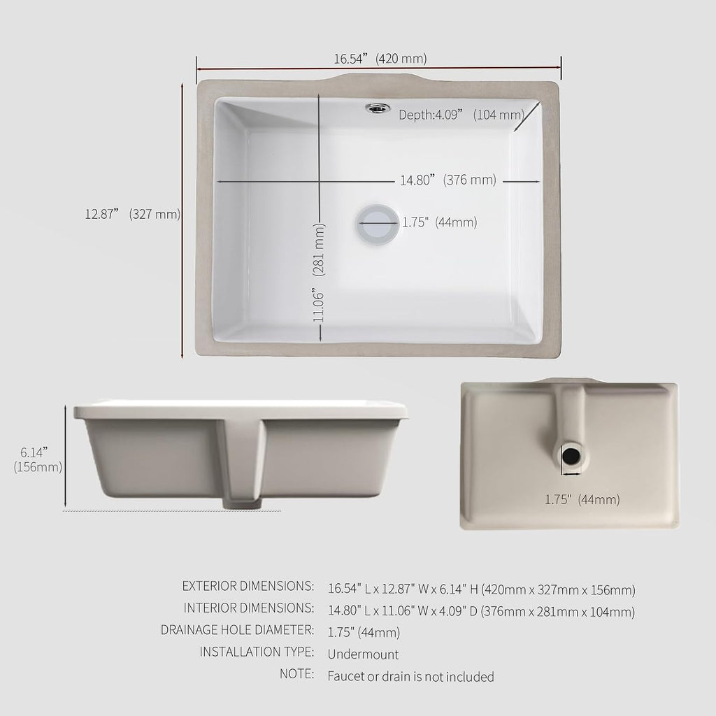 White Ceramic Undermount Rectangular Bathroom Sink
