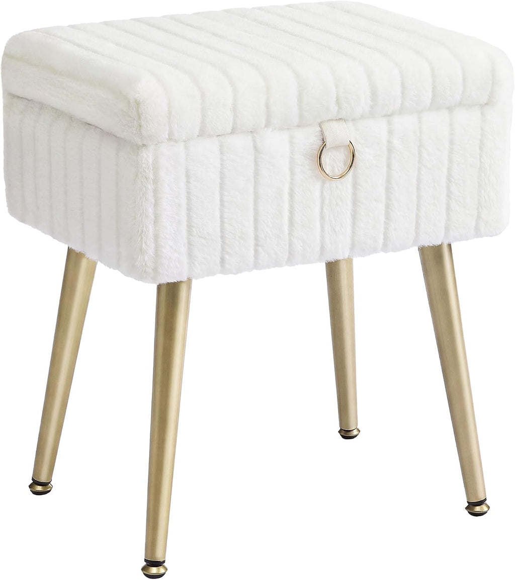 Cream White Faux Fur Storage Vanity Stool