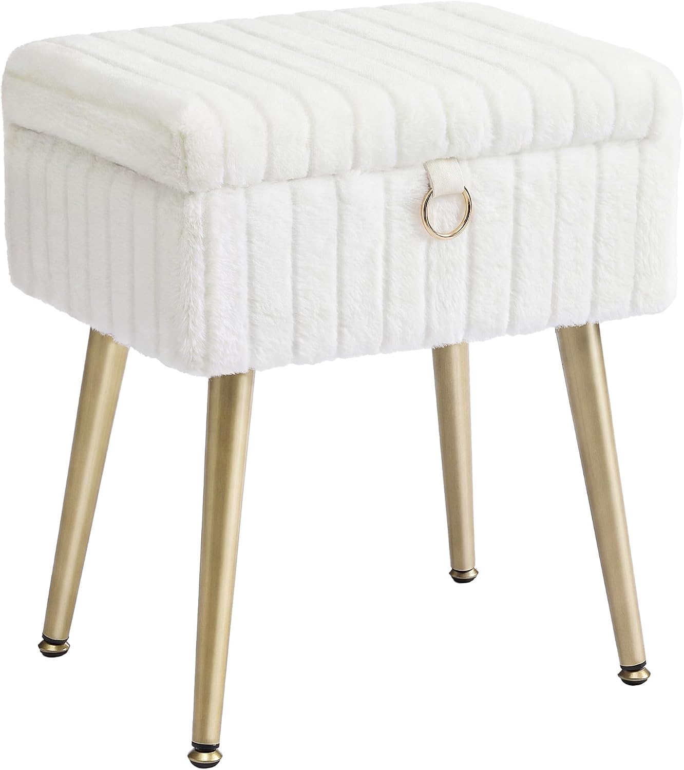 Cream White Faux Fur Storage Vanity Stool