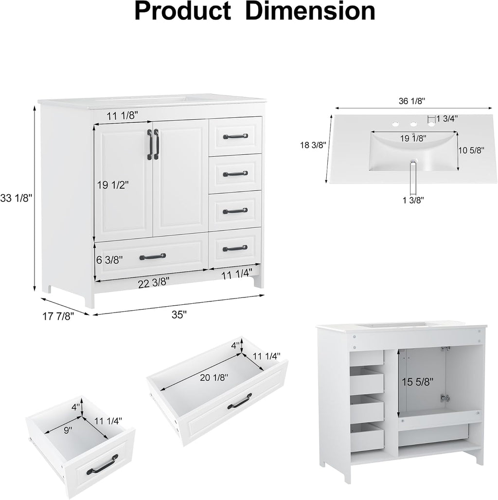 36 Inch White Freestanding Bathroom Vanity