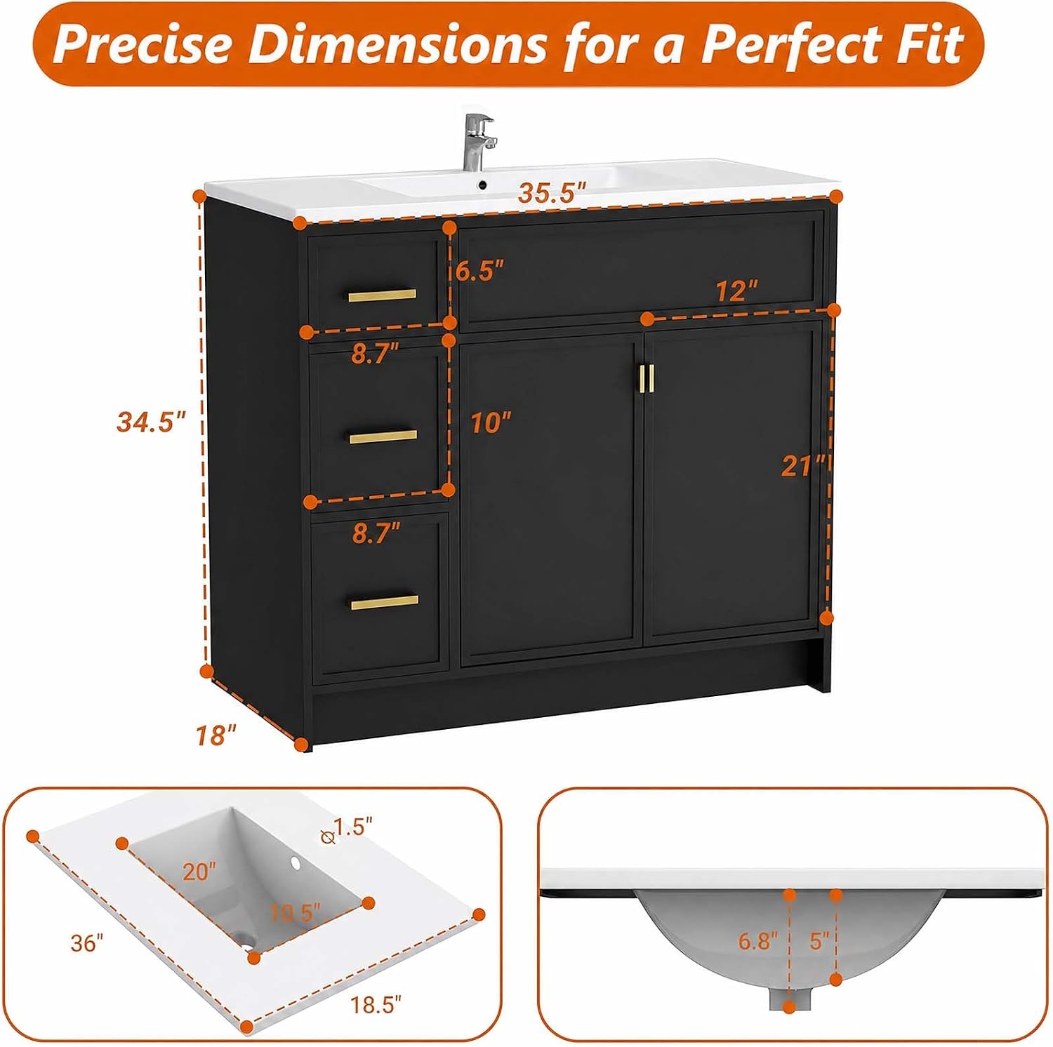 Black 36 Inch Soft Close Bathroom Vanity