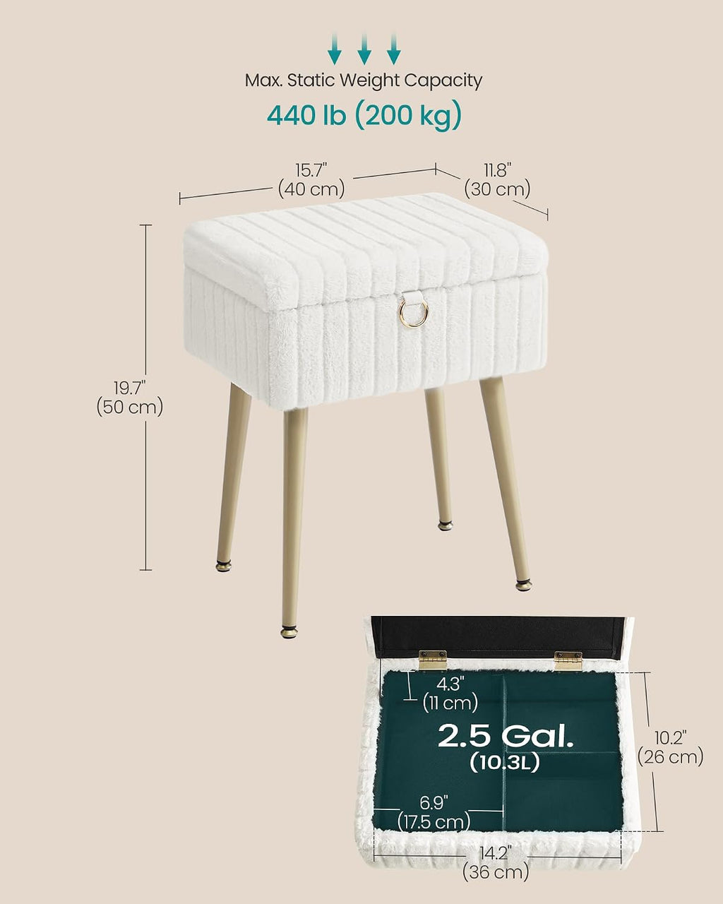 Cream White Faux Fur Storage Vanity Stool