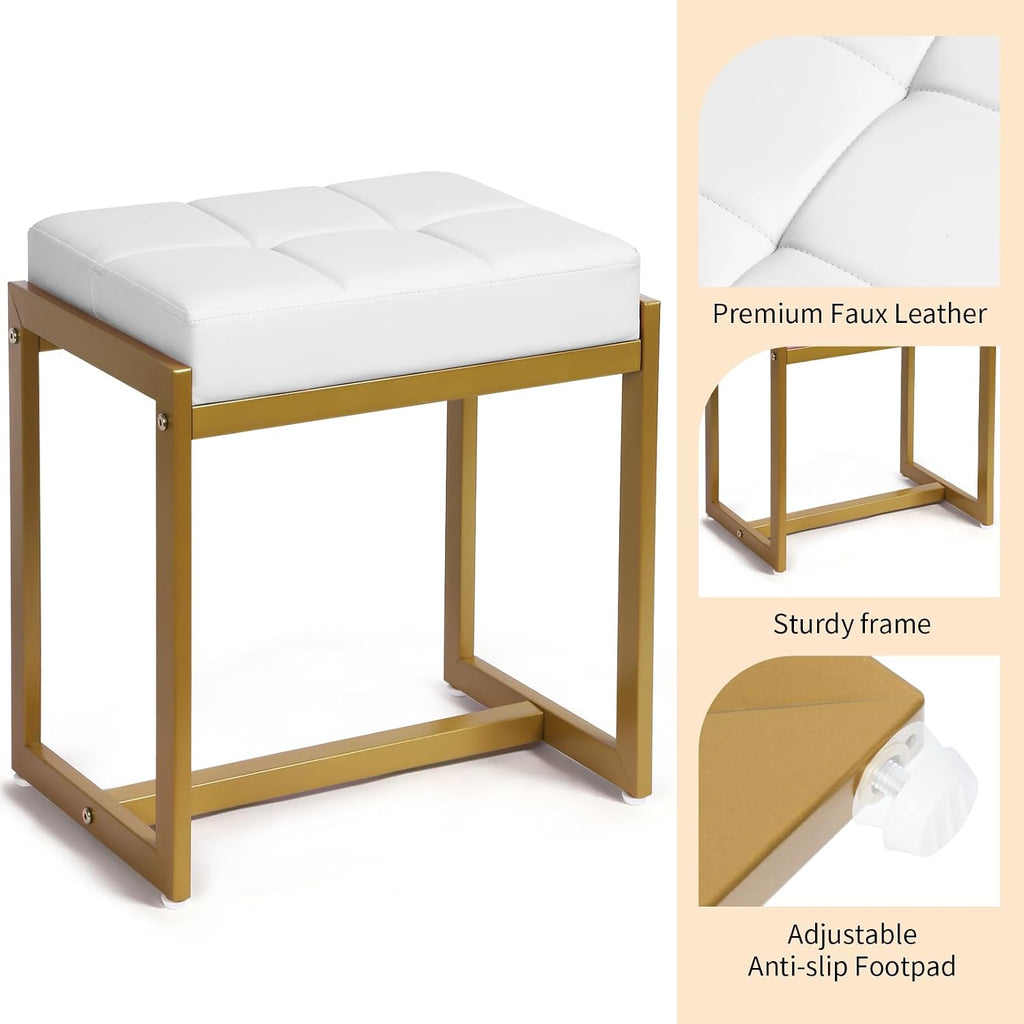 White Gold Faux Leather Metal Leg Vanity Stool