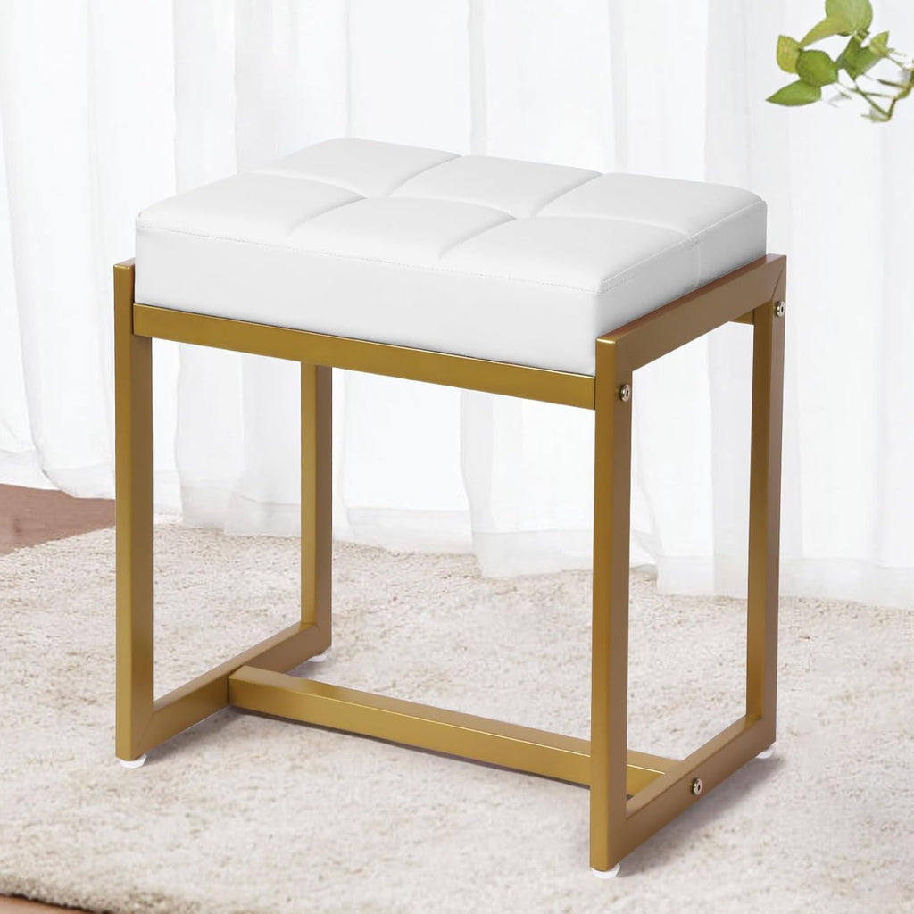 White Gold Faux Leather Metal Leg Vanity Stool