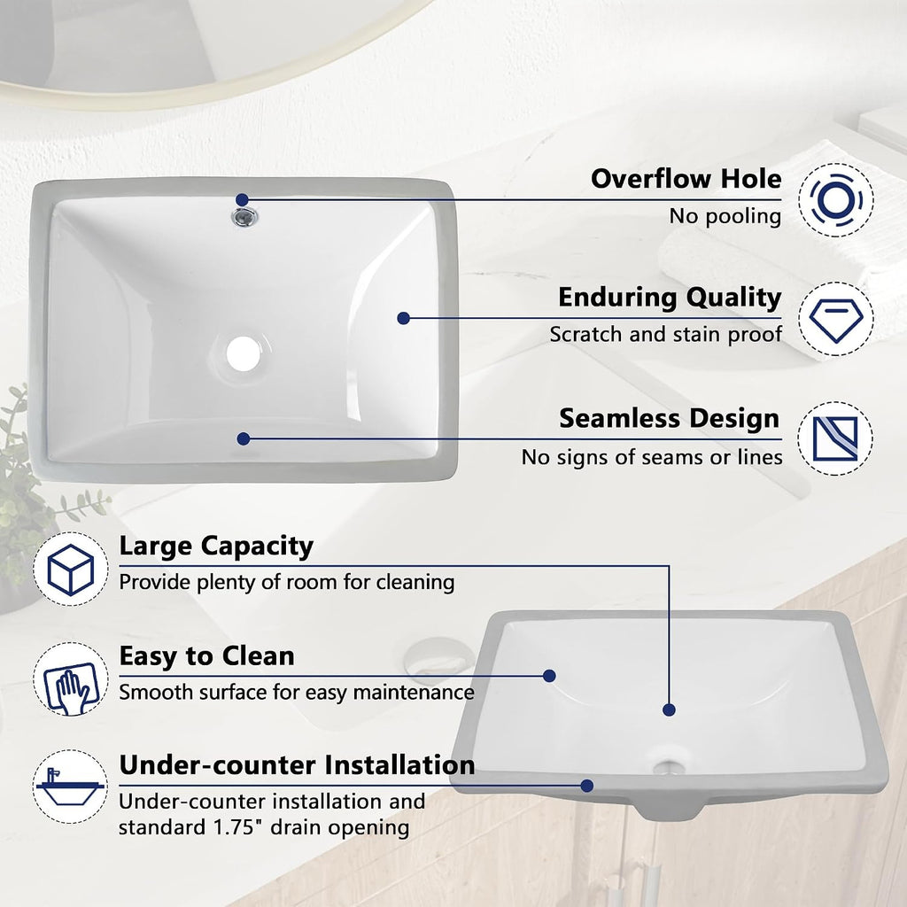 White Ceramic Rectangular Undermount Bathroom Sink