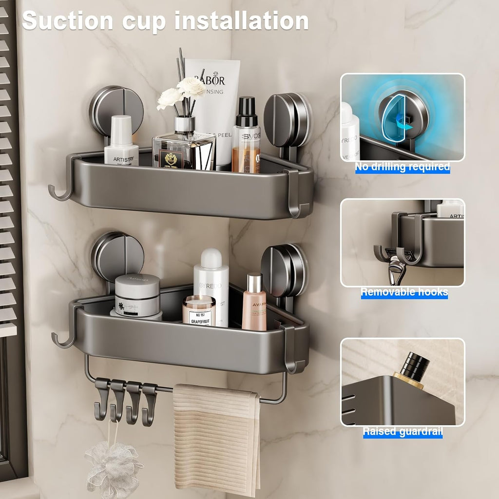 Gray No Drill Suction Corner Shower Shelves