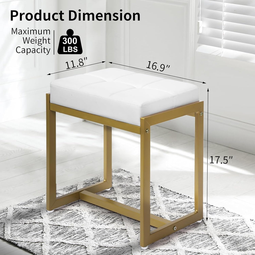 White Gold Faux Leather Metal Leg Vanity Stool