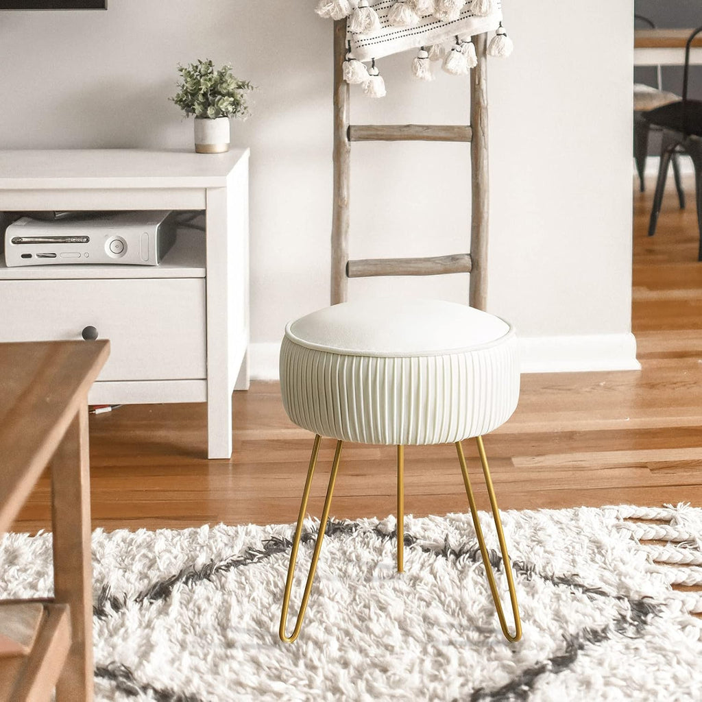 White Pleated Velvet Metal Leg Vanity Stool