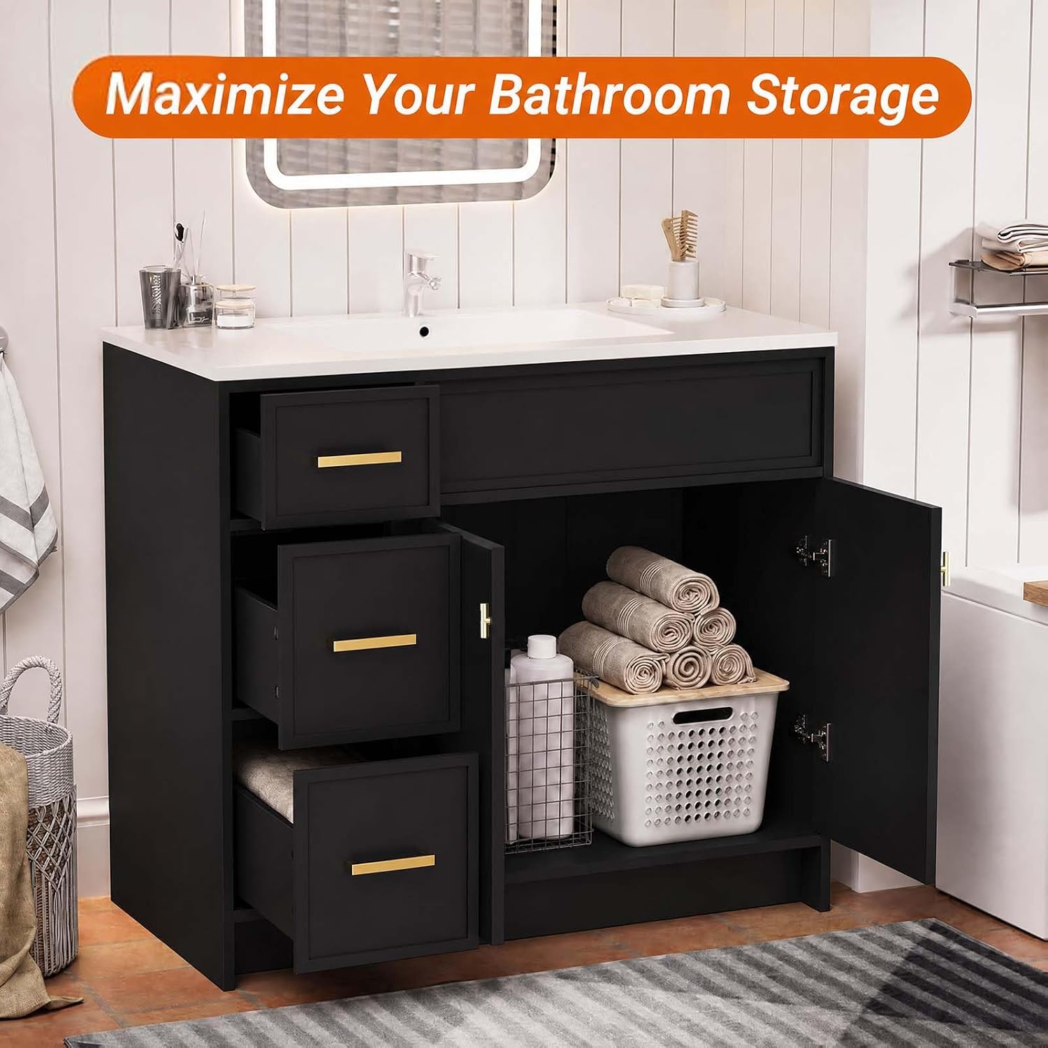 Black 36 Inch Soft Close Bathroom Vanity