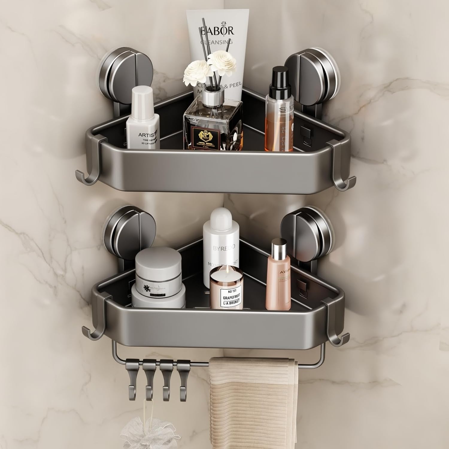 Gray No Drill Suction Corner Shower Shelves
