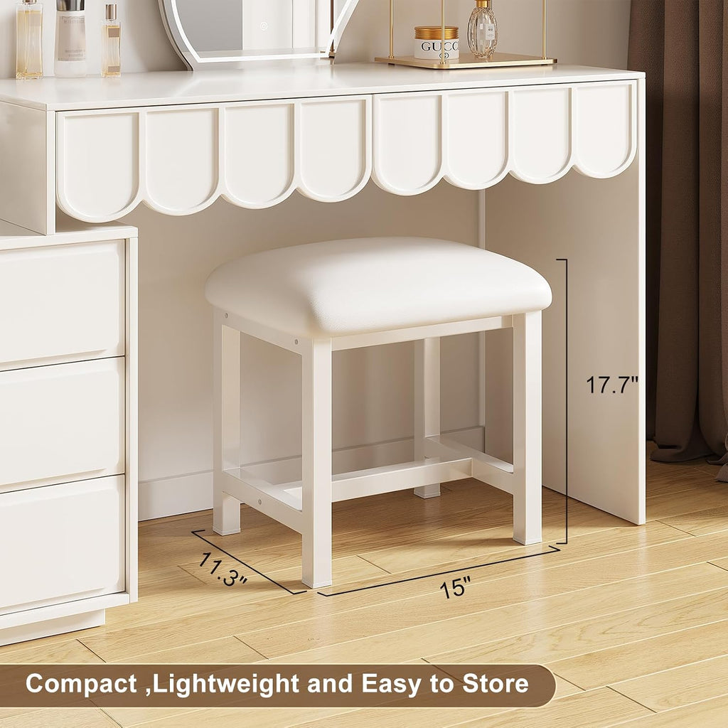 White Leather Cushioned Bedroom Vanity Stool