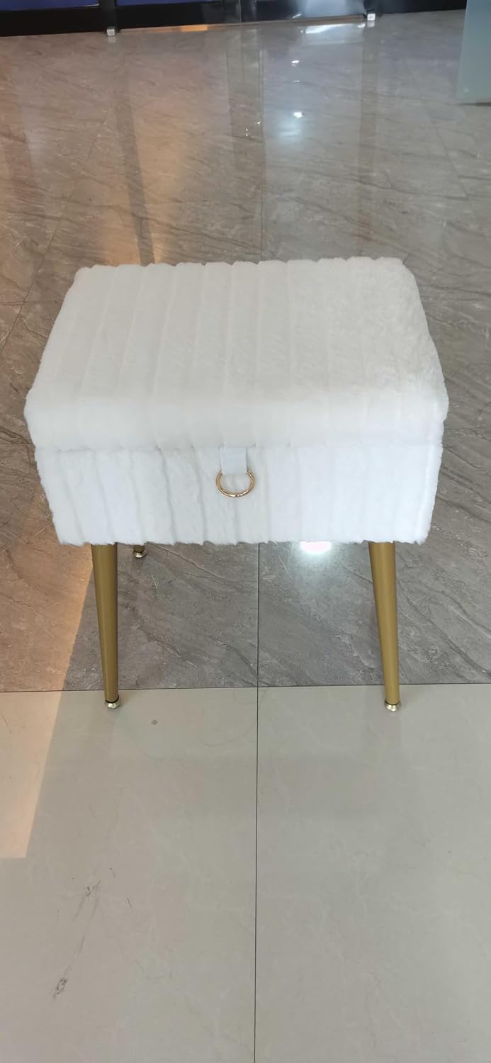 Cream White Faux Fur Storage Vanity Stool