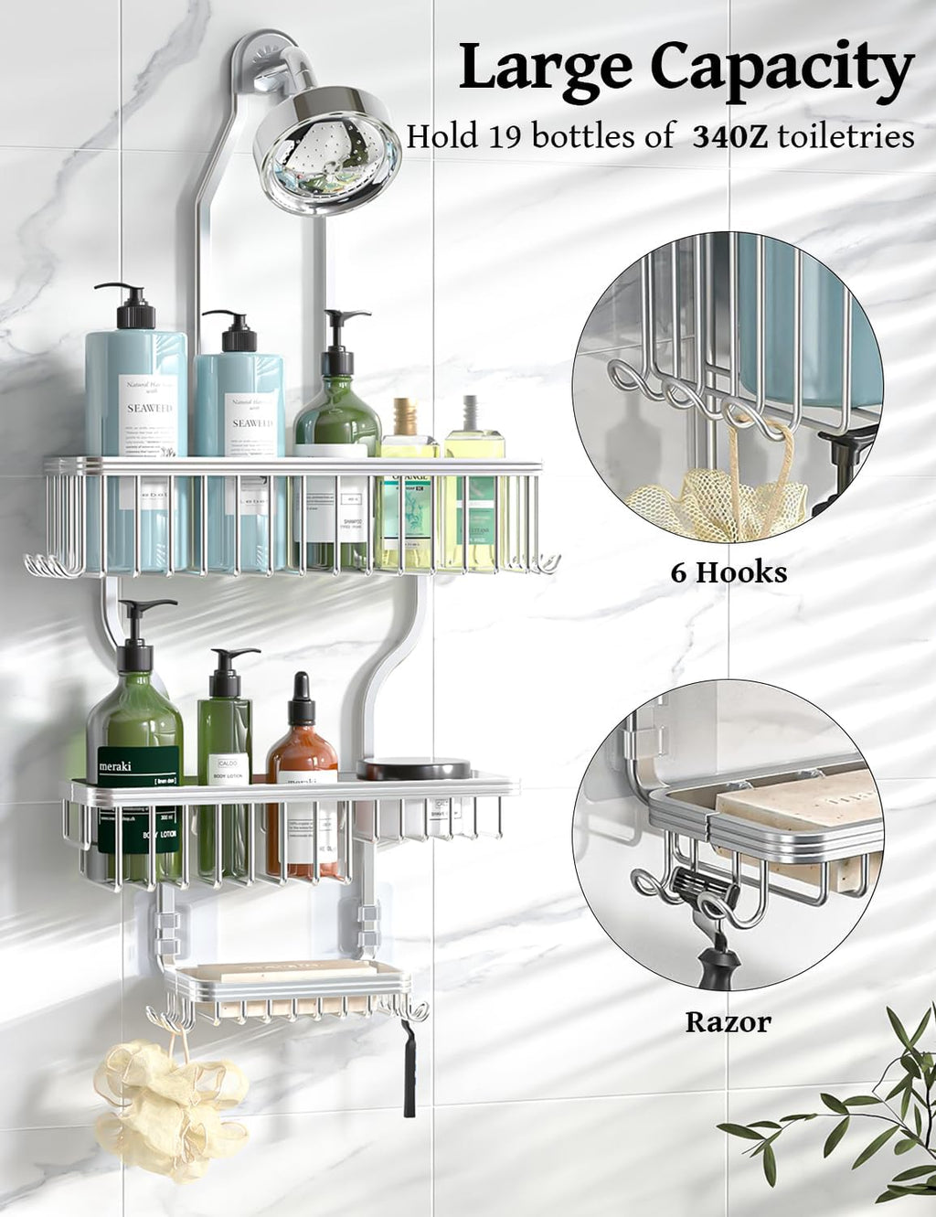 Silver 3 Tier Aluminum Hanging Shower Caddy