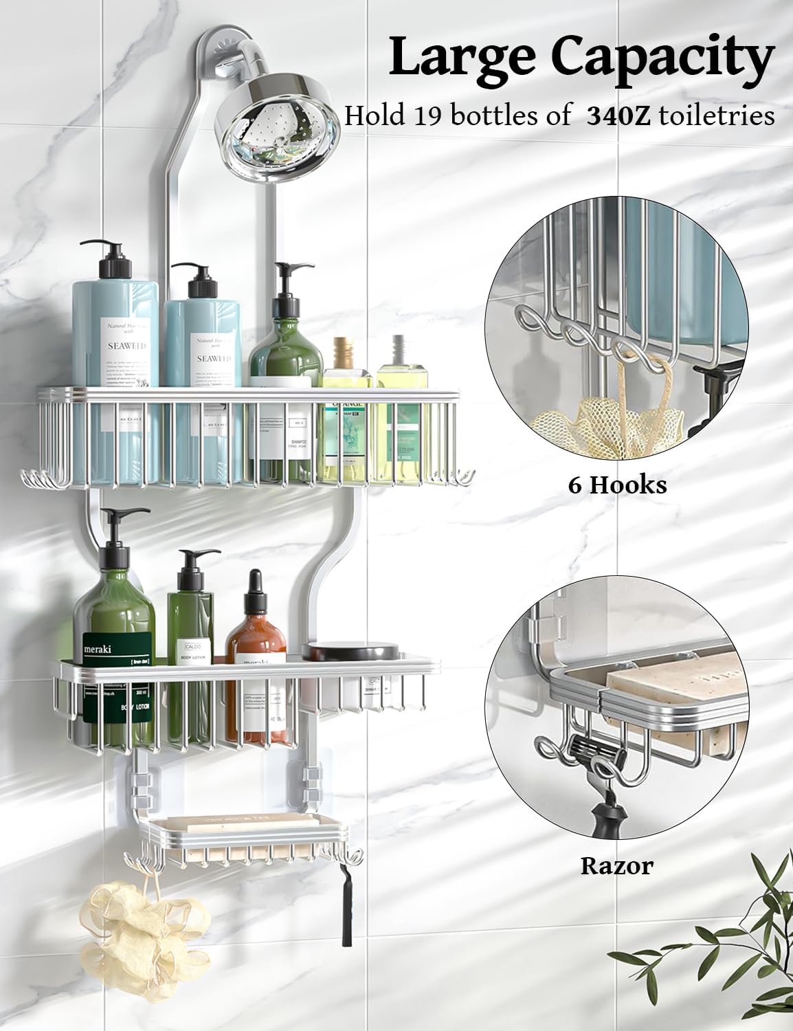 Silver 3 Tier Aluminum Hanging Shower Caddy