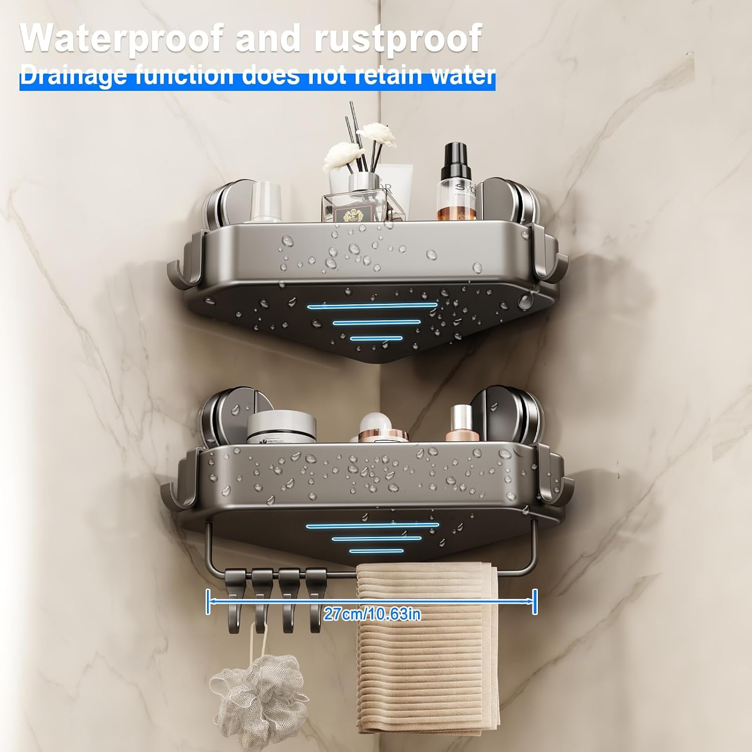 Gray No Drill Suction Corner Shower Shelves