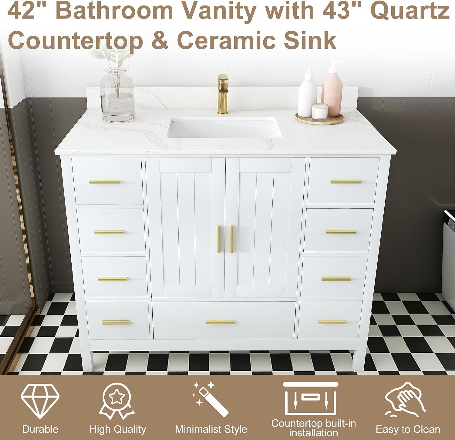 42 Inch Carrara White Quartz Vanity Cabinet