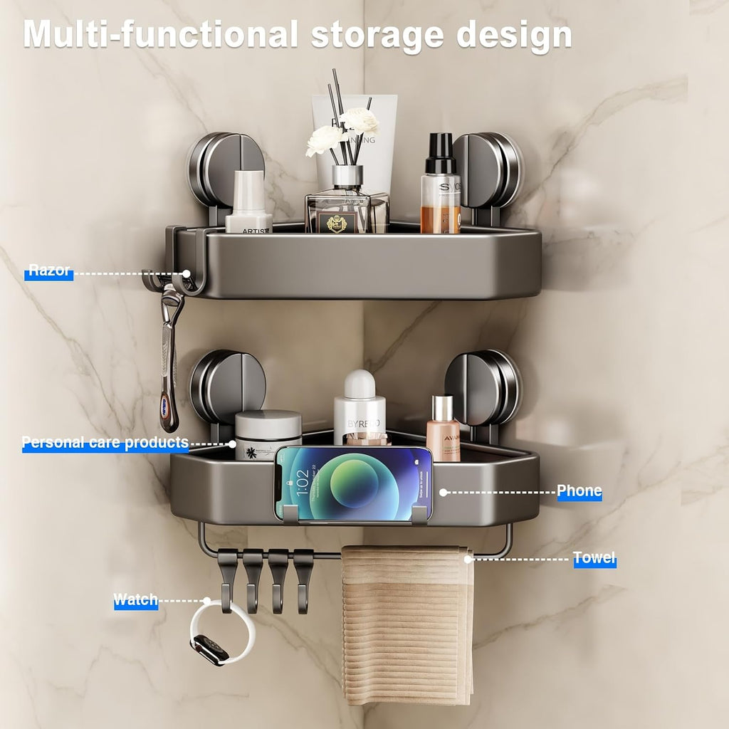 Gray No Drill Suction Corner Shower Shelves