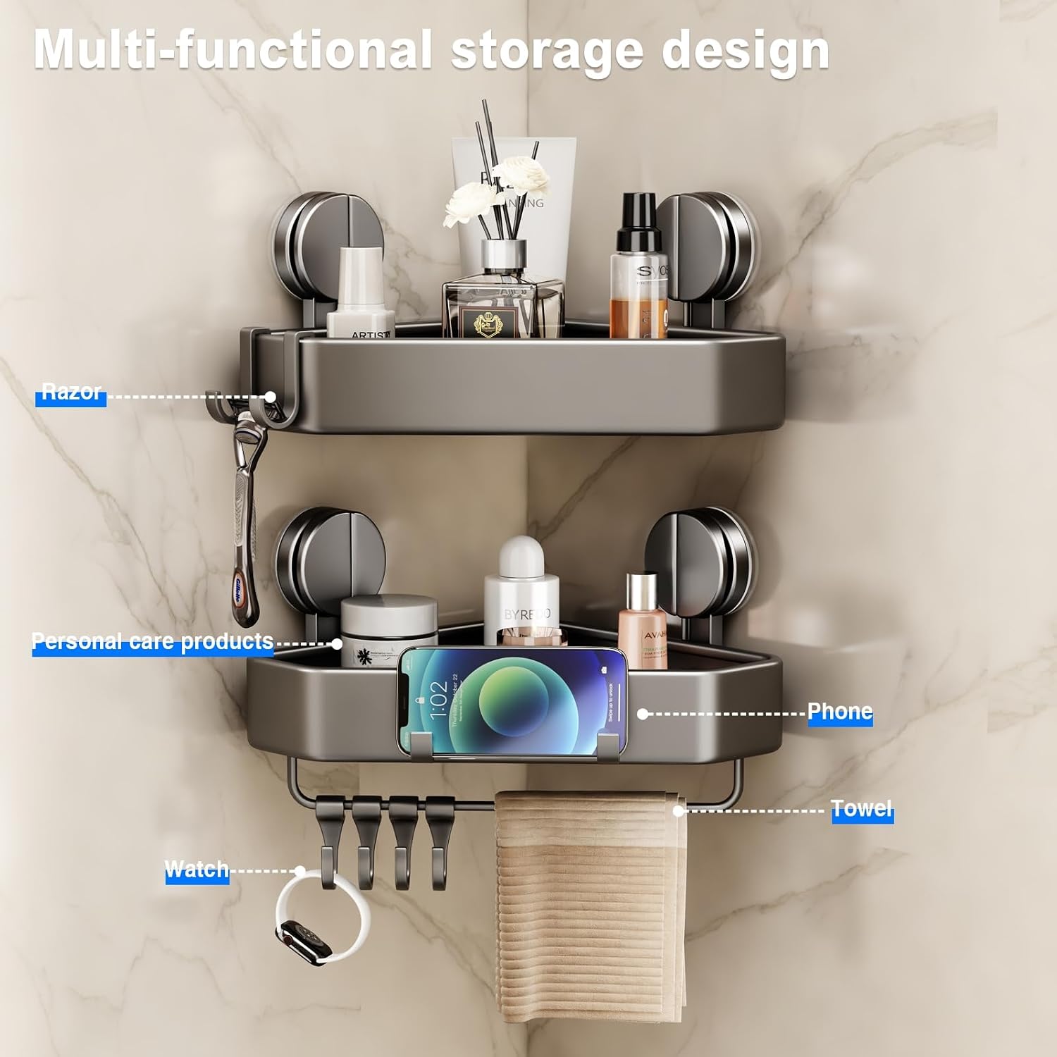 Gray No Drill Suction Corner Shower Shelves