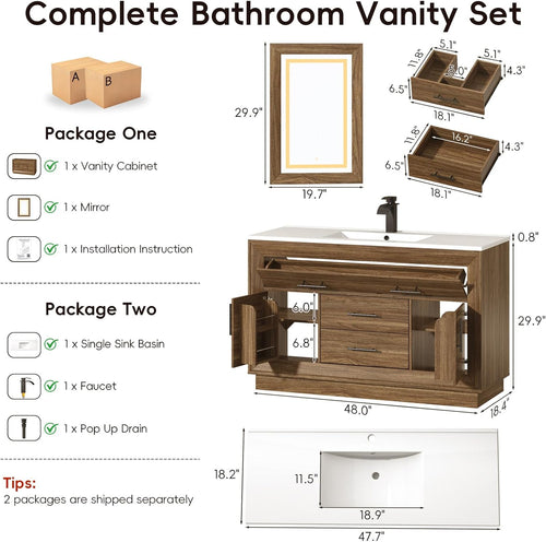 48 Inch Rustic Brown LED Bathroom Vanity