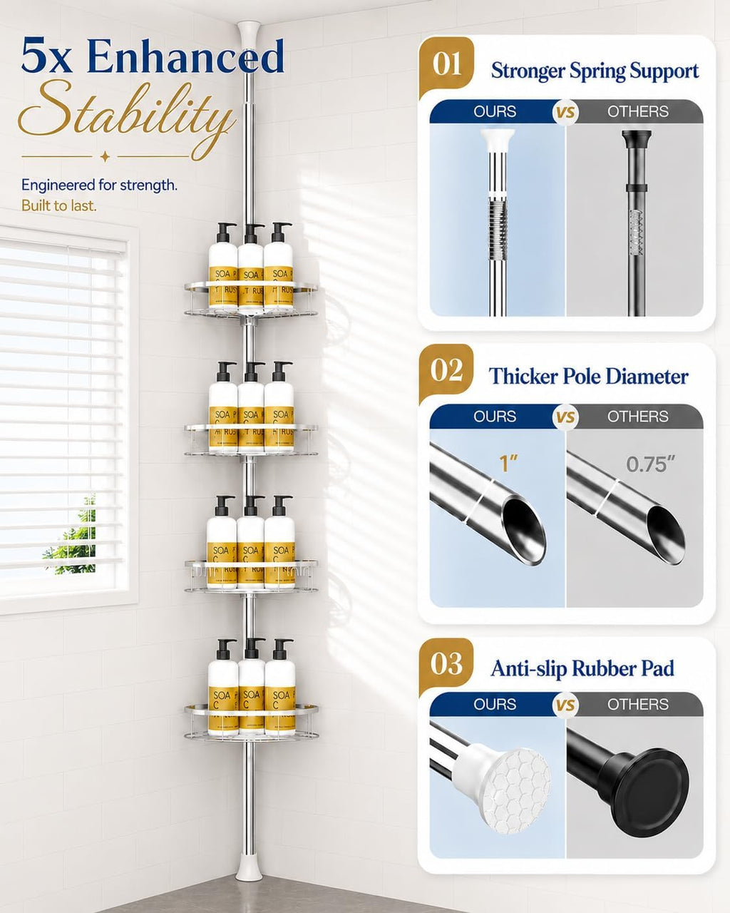 Silver Tension Pole 4 Tier Shower Corner Caddy
