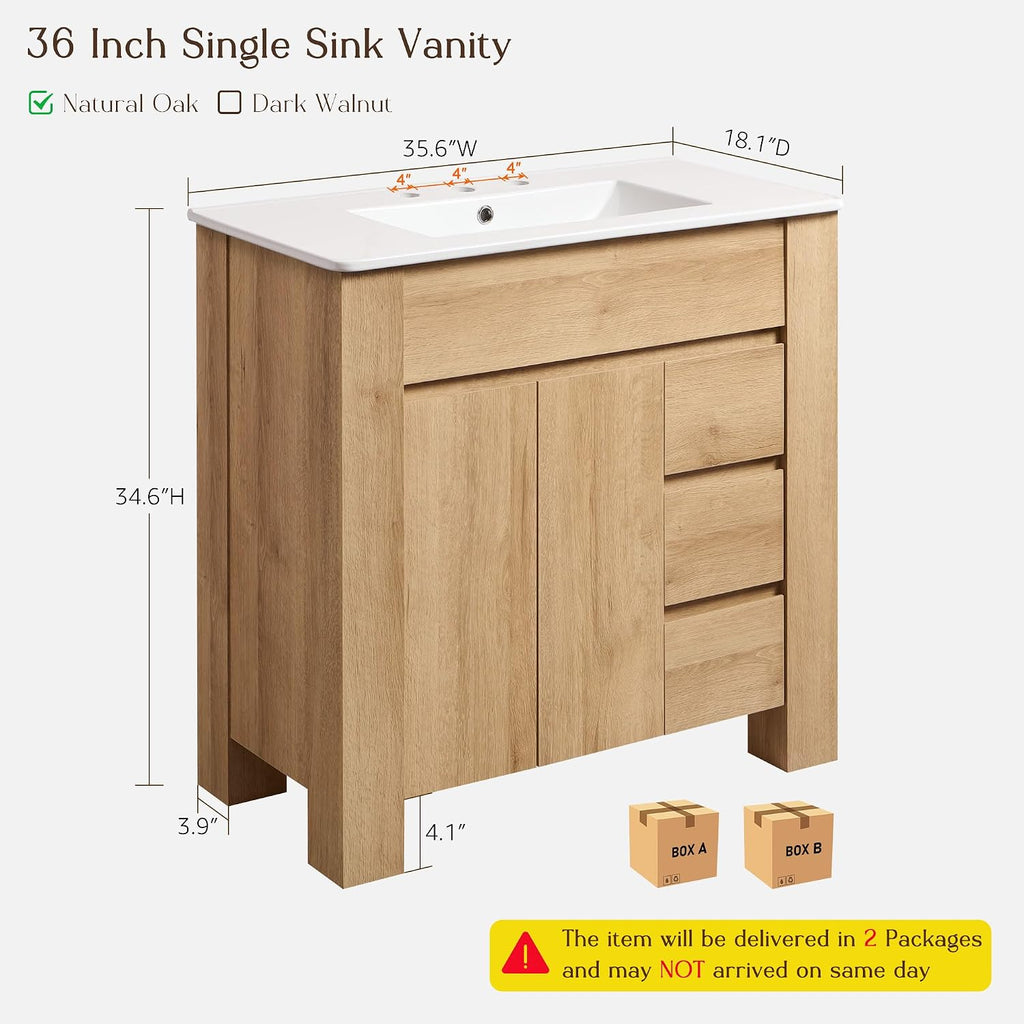 Oak 36 Inch Handle Free Bathroom Vanity