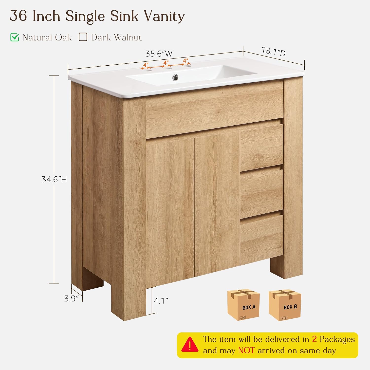 Oak 36 Inch Handle Free Bathroom Vanity