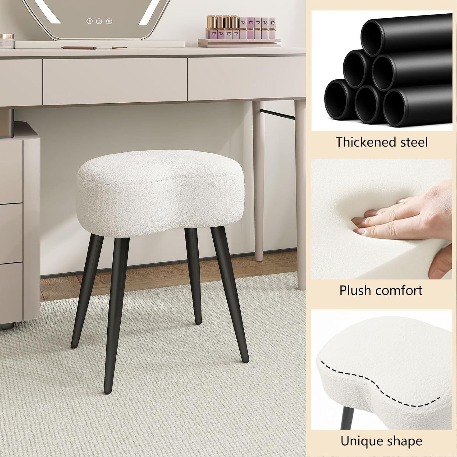 Teddy Velvet Padded Sturdy Modern Vanity Stool