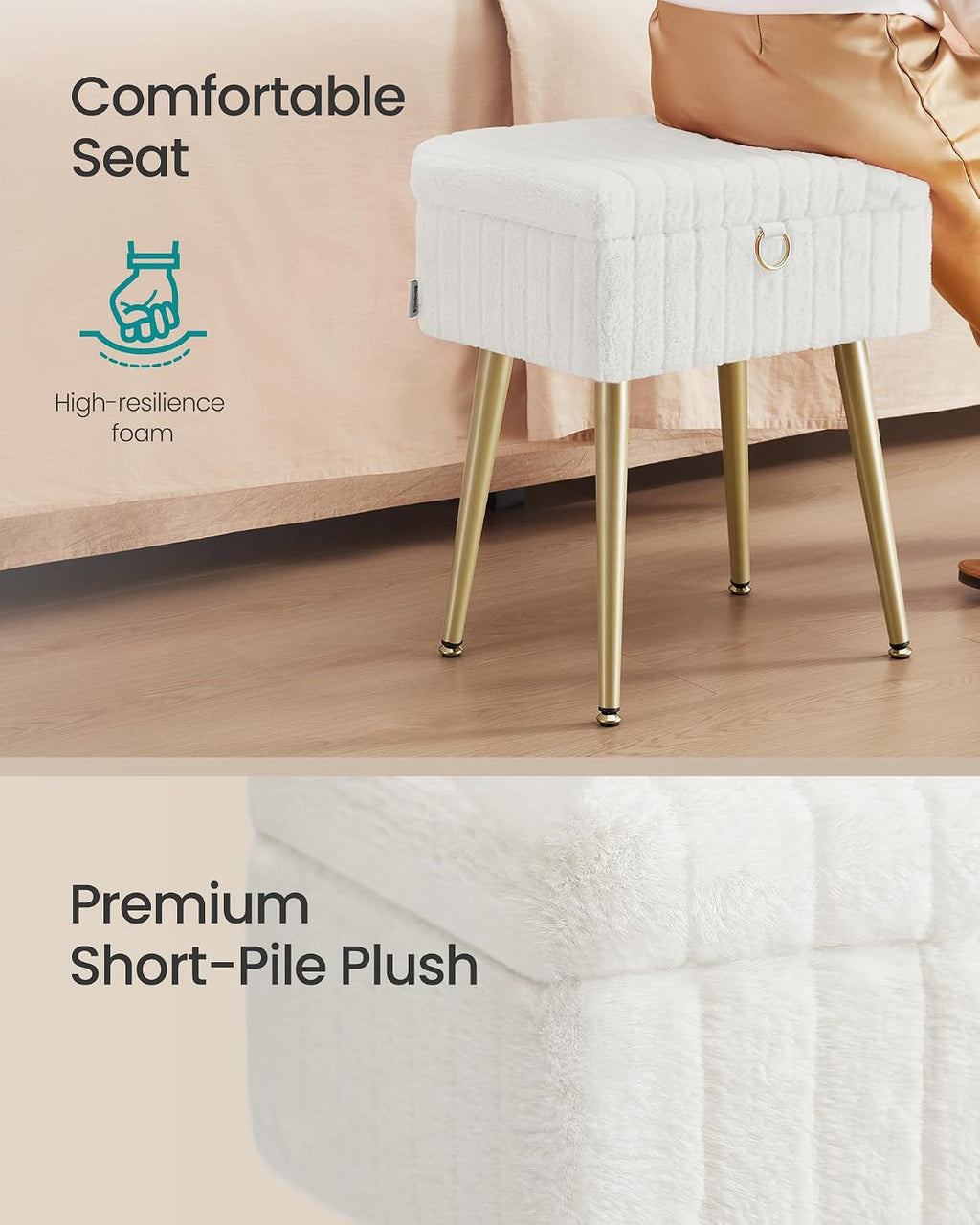 Cream White Faux Fur Storage Vanity Stool