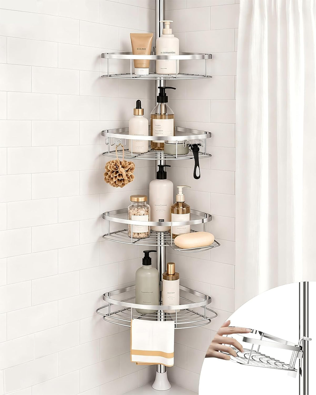 Silver Tension Pole 4 Tier Shower Corner Caddy