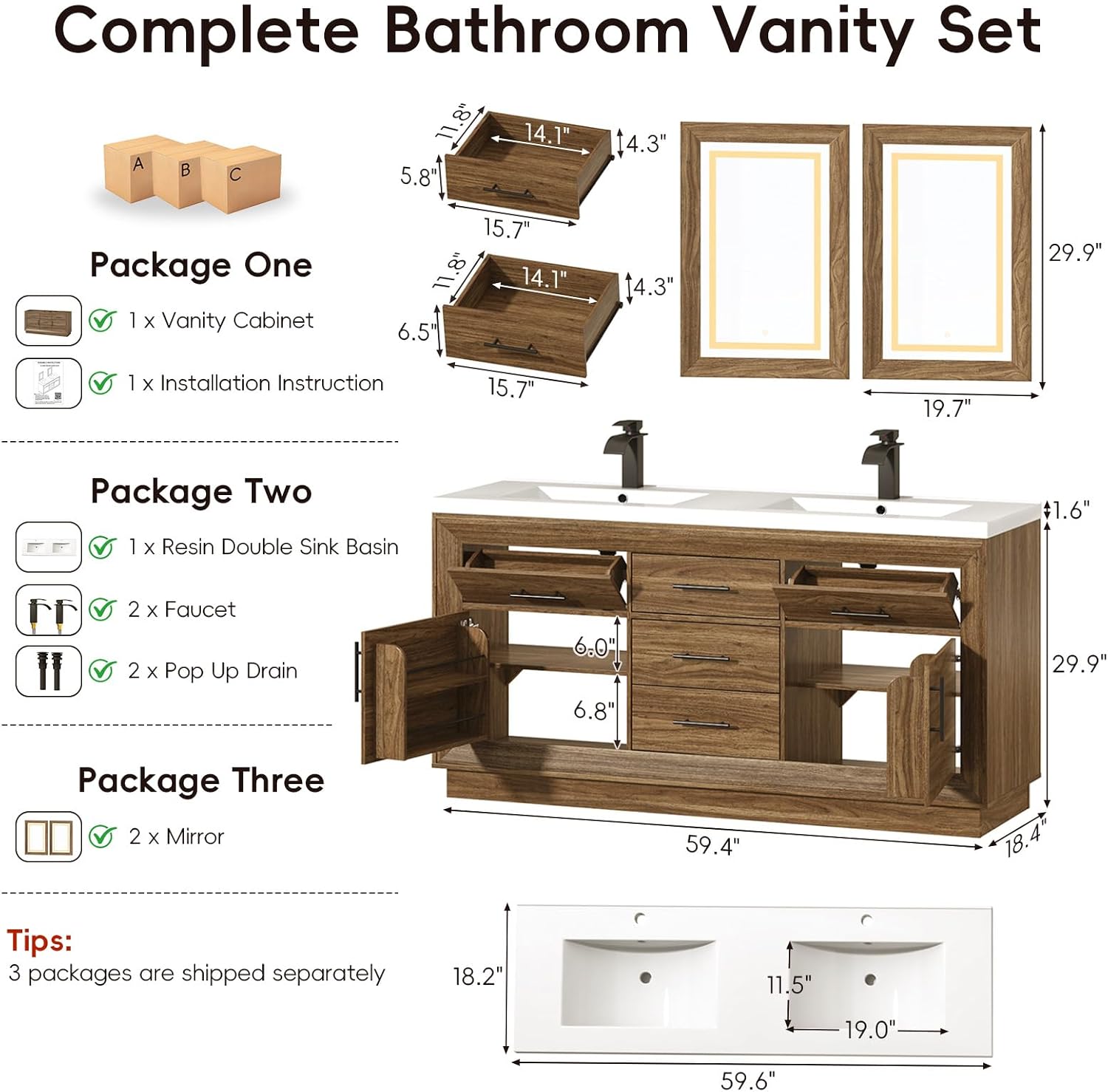 60 Inch Rustic LED Mirror Bathroom Vanity