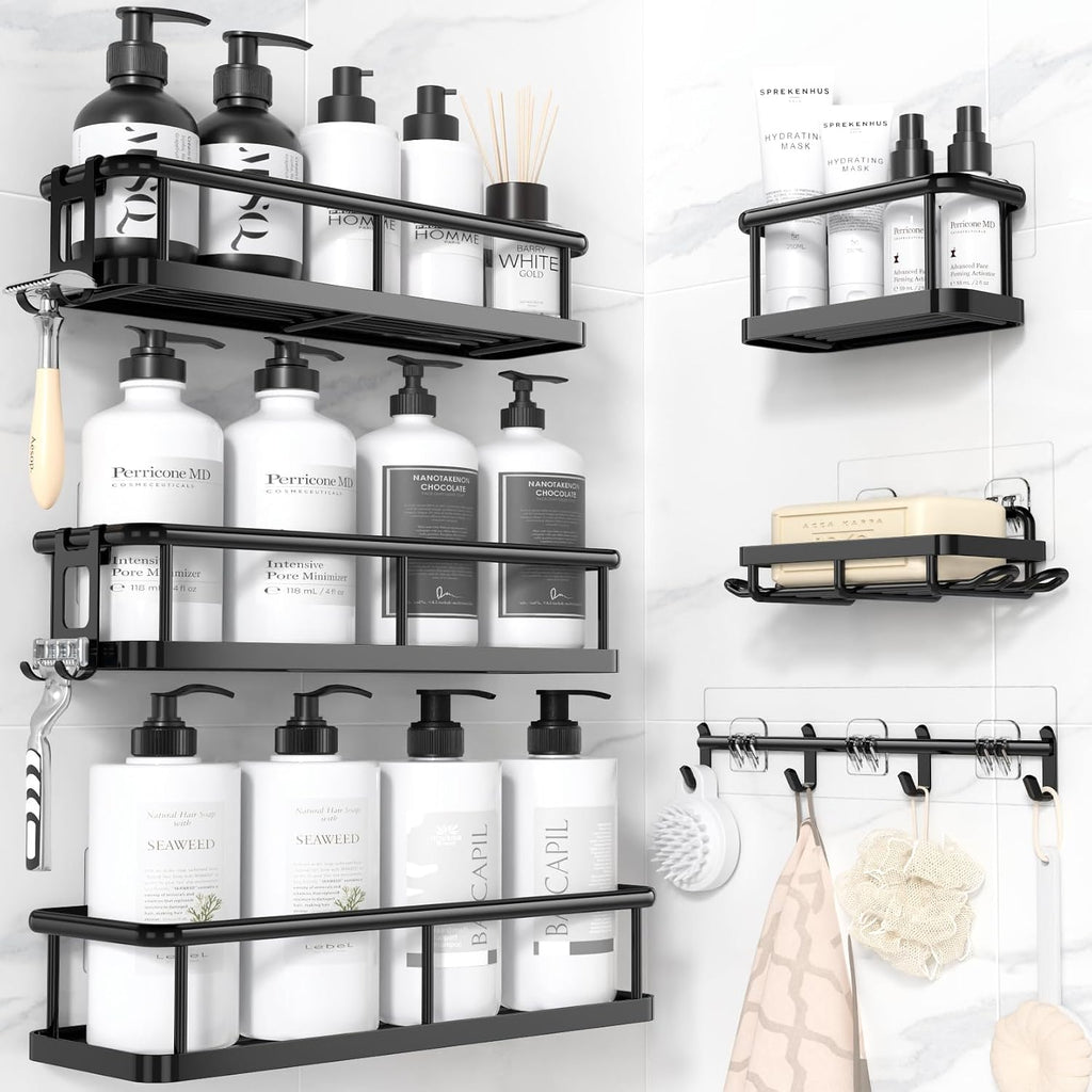 Black No Drill Adhesive Shower Caddy 6 Pack