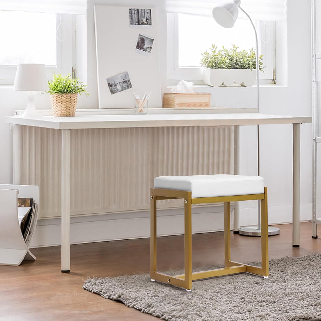 White Gold Faux Leather Metal Leg Vanity Stool