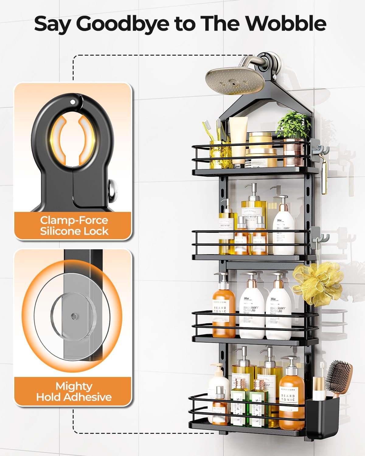 Black 4 Tier No Drill Hanging Shower Caddy