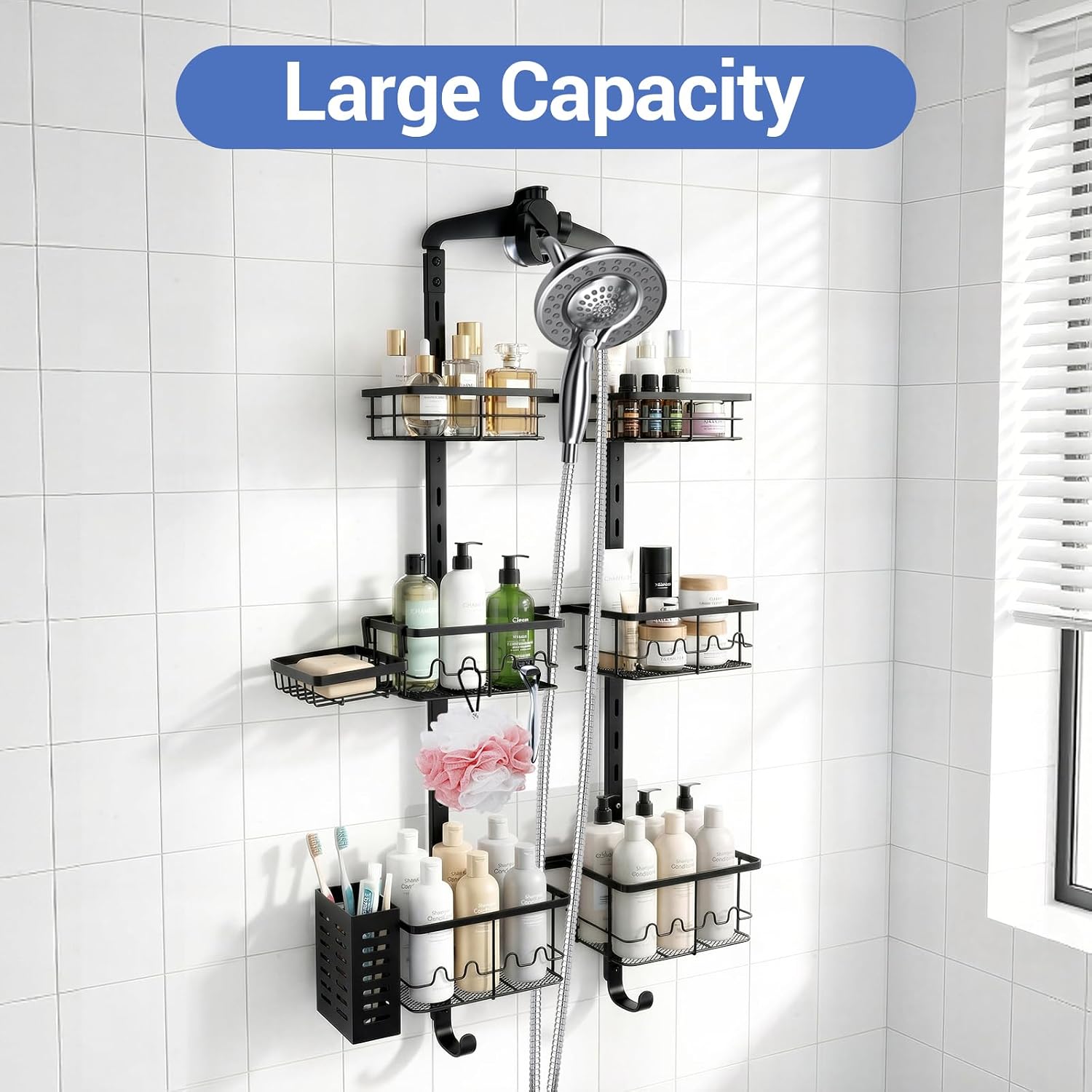 Black 3 Tier Adjustable Hanging Shower Caddy
