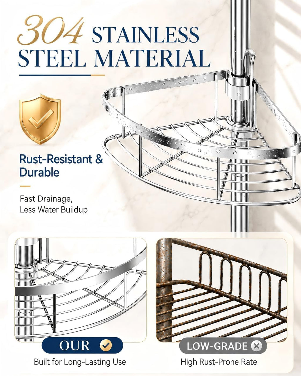 Silver Tension Pole 4 Tier Shower Corner Caddy