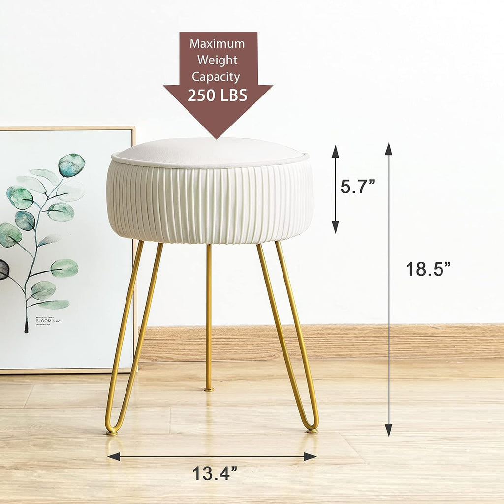 White Pleated Velvet Metal Leg Vanity Stool