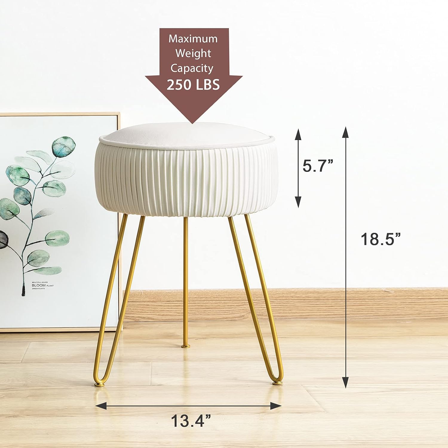 White Pleated Velvet Metal Leg Vanity Stool