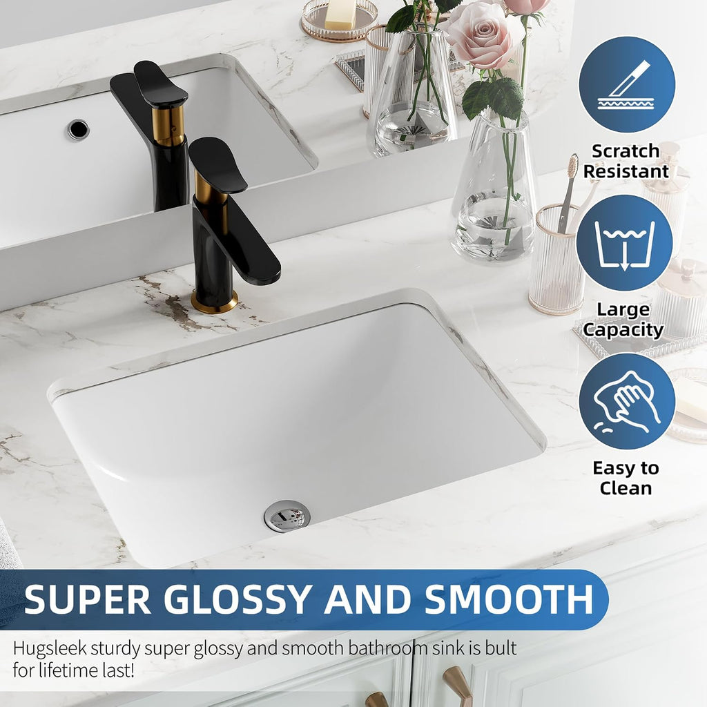 White Porcelain Rectangular Undermount Bathroom Sink
