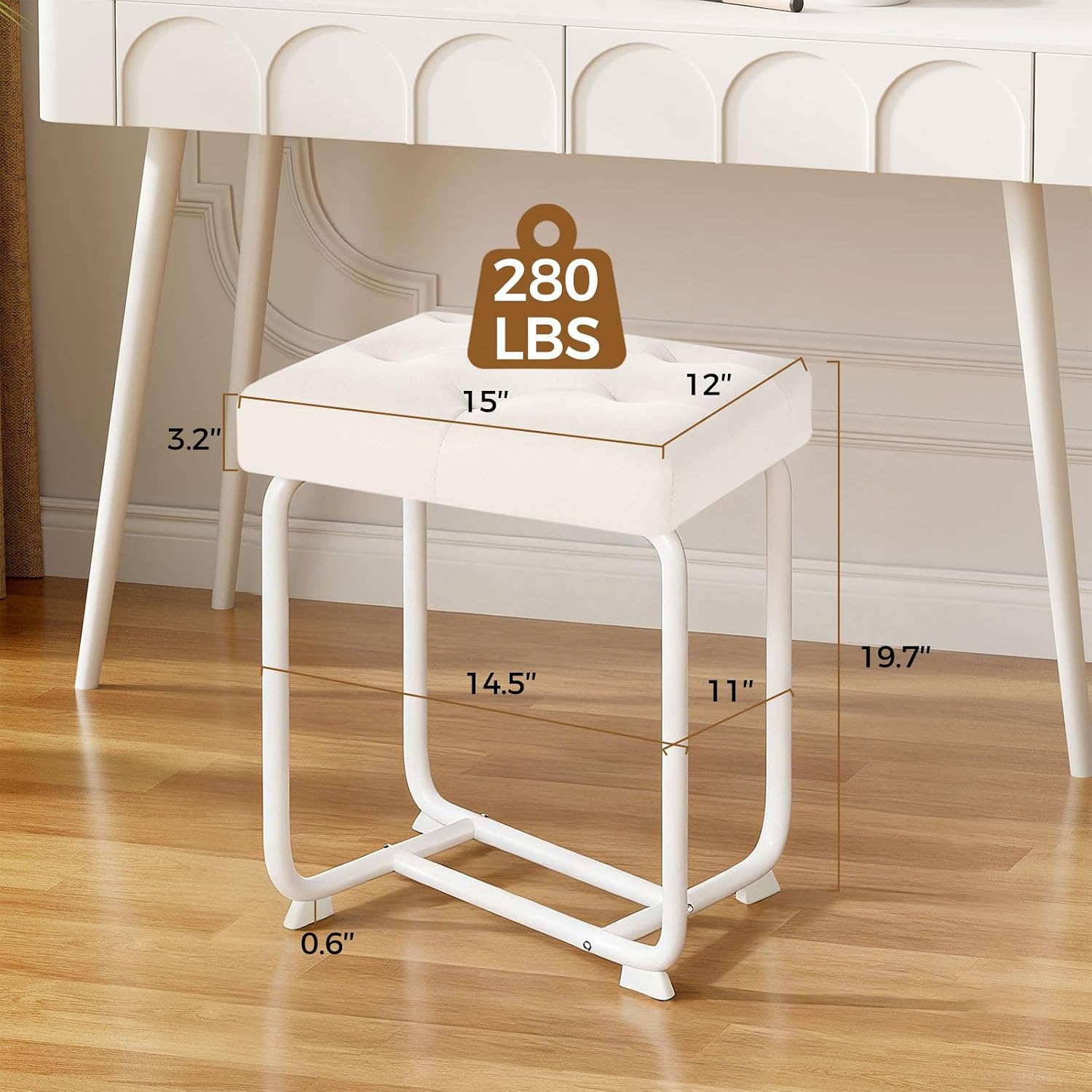 White Leather Padded Modern Vanity Stool
