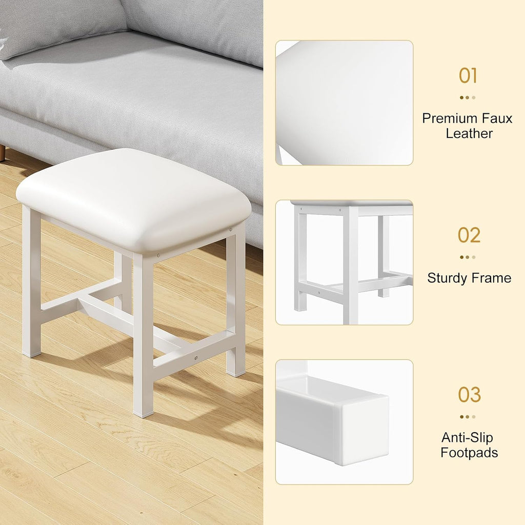 White Leather Cushioned Bedroom Vanity Stool