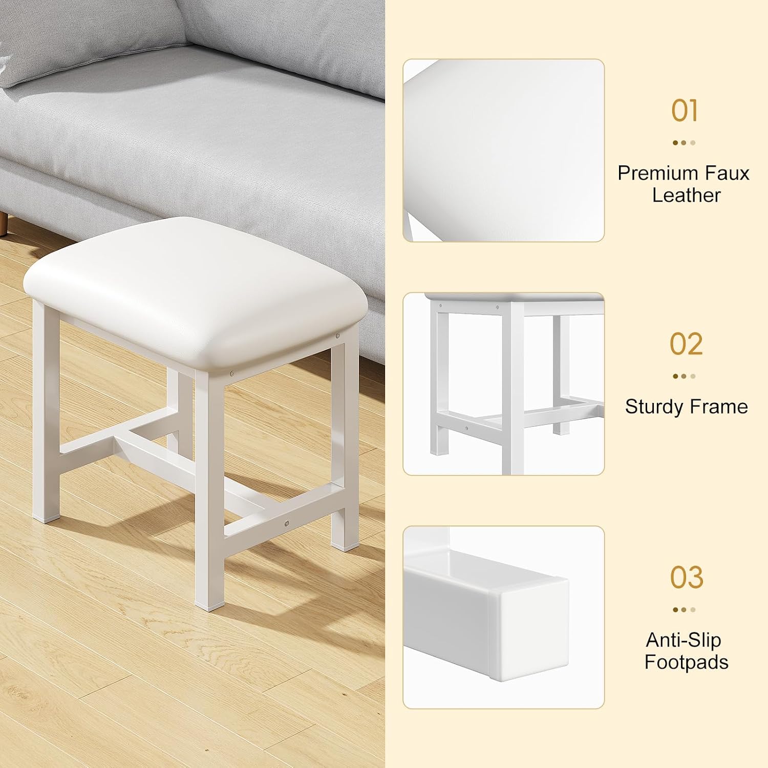 White Leather Cushioned Bedroom Vanity Stool