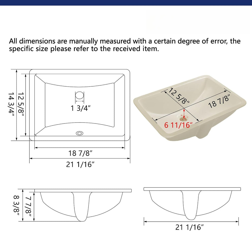 Bone Ceramic Rectangular Undermount Bathroom Sink