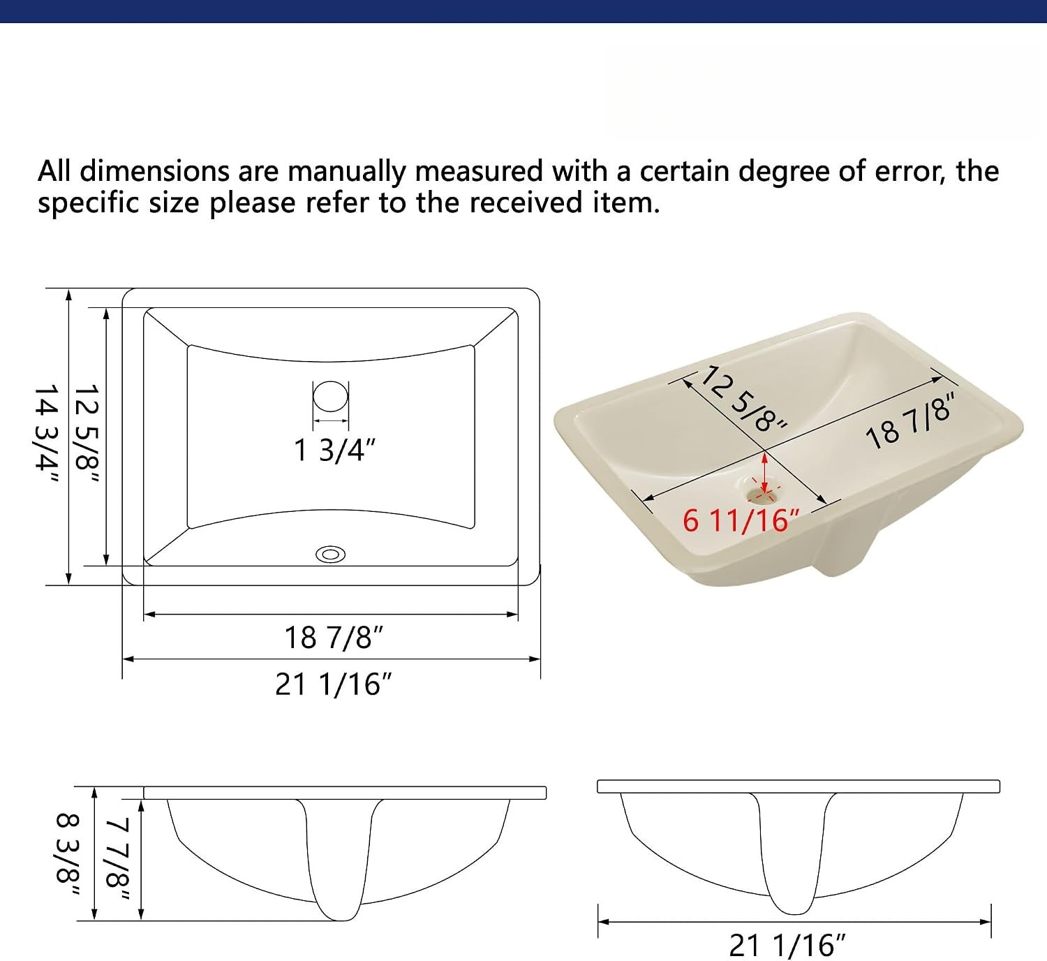 Bone Ceramic Rectangular Undermount Bathroom Sink