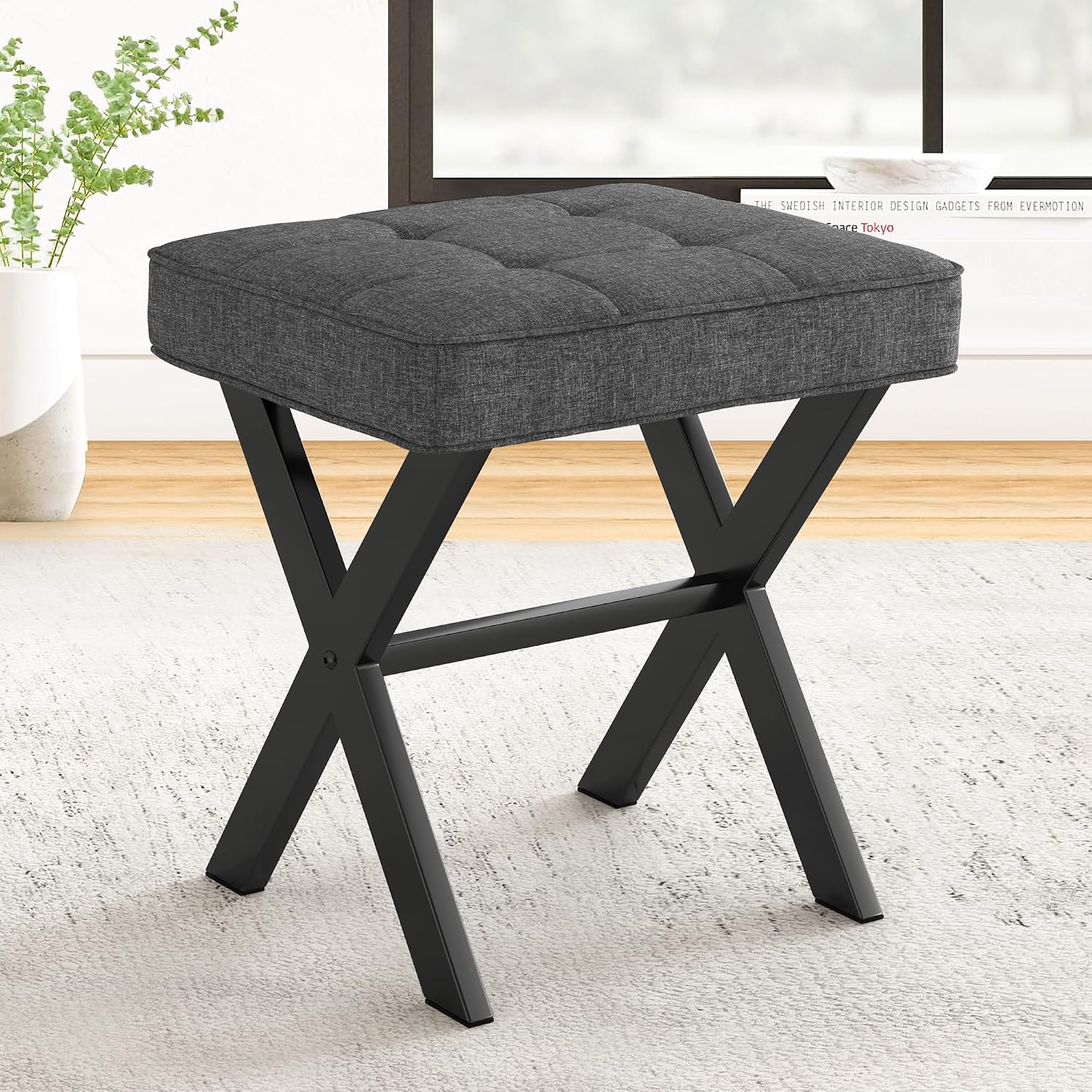 Carbon Gray Linen Square Metal Leg Vanity Stool