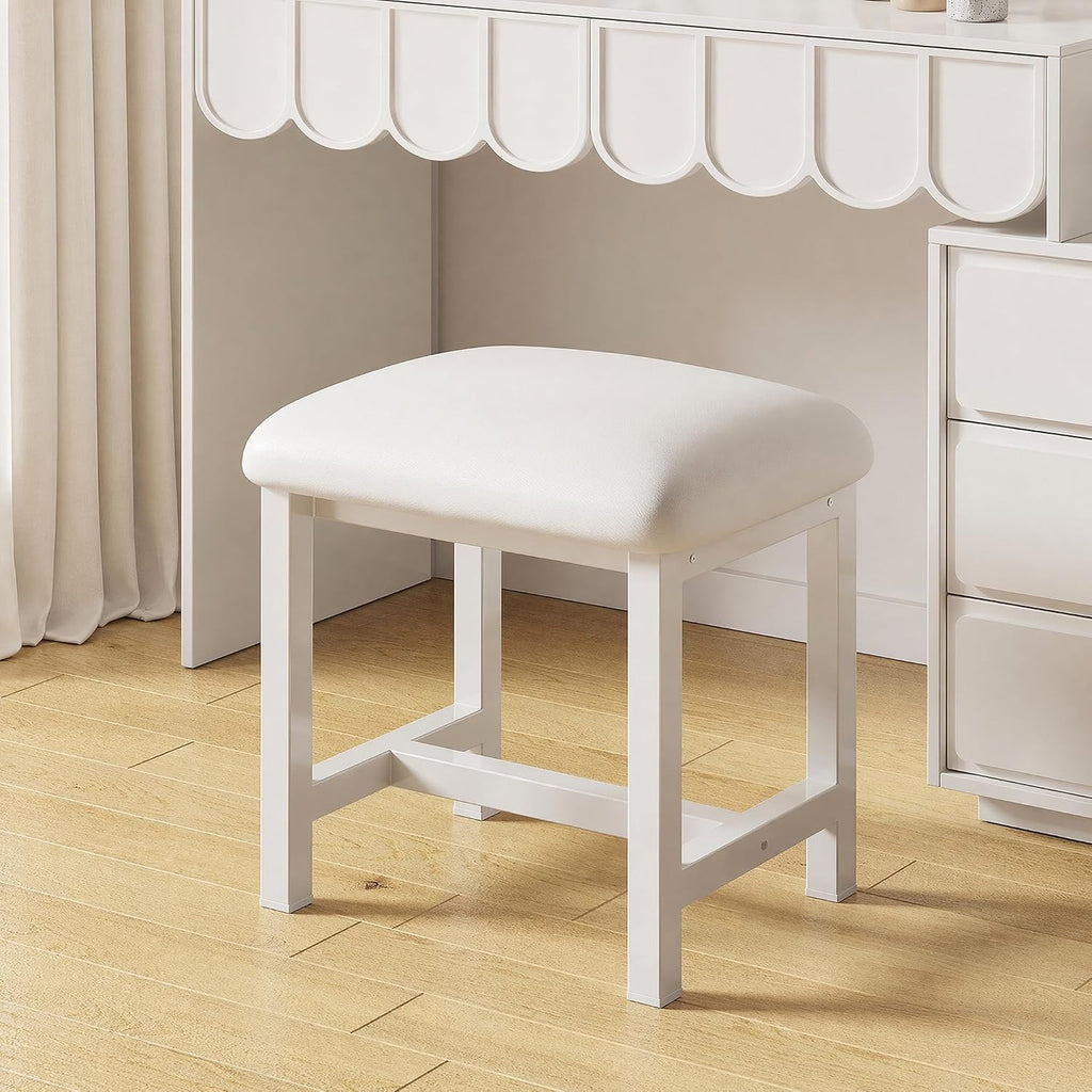 White Leather Cushioned Bedroom Vanity Stool