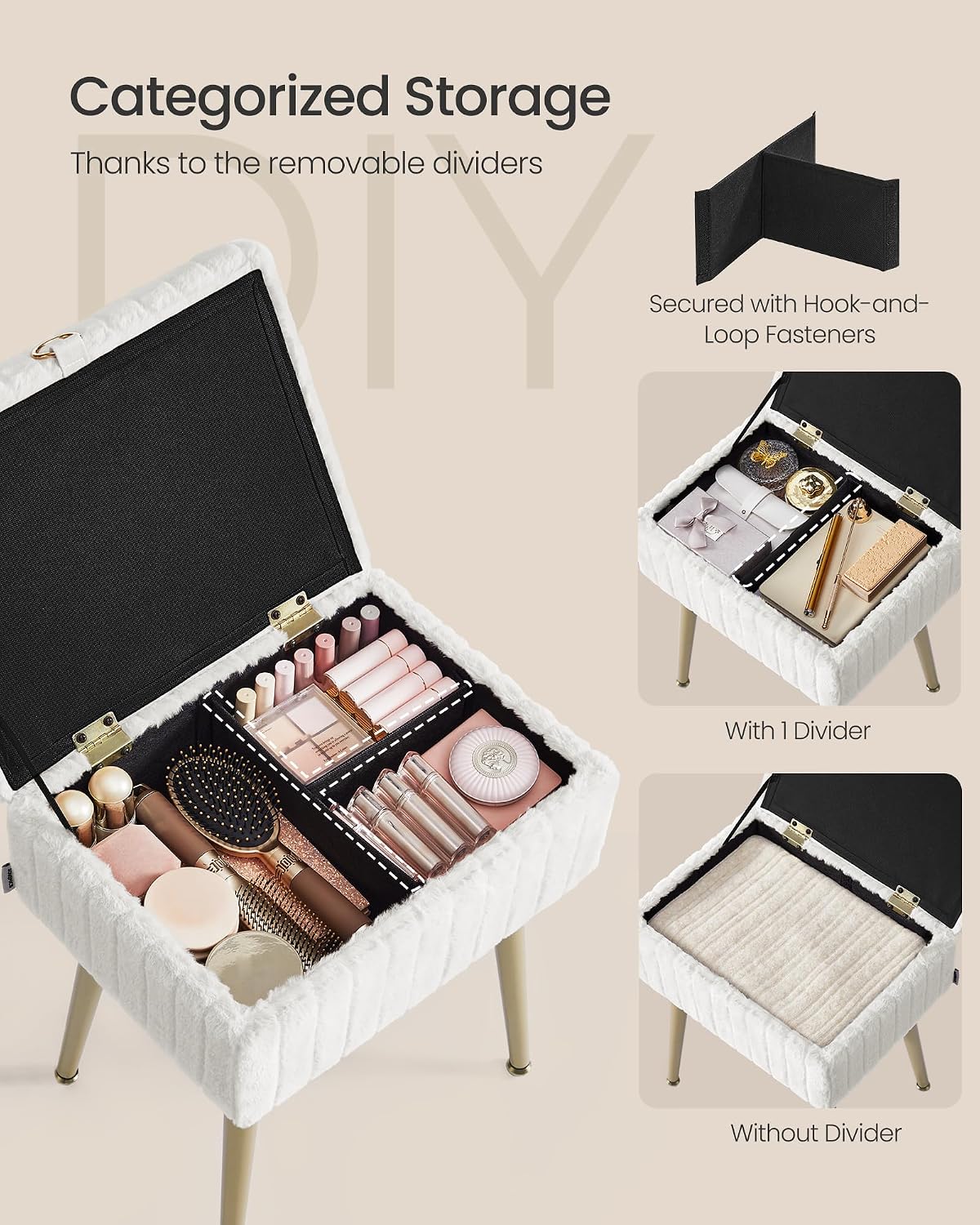Cream White Faux Fur Storage Vanity Stool