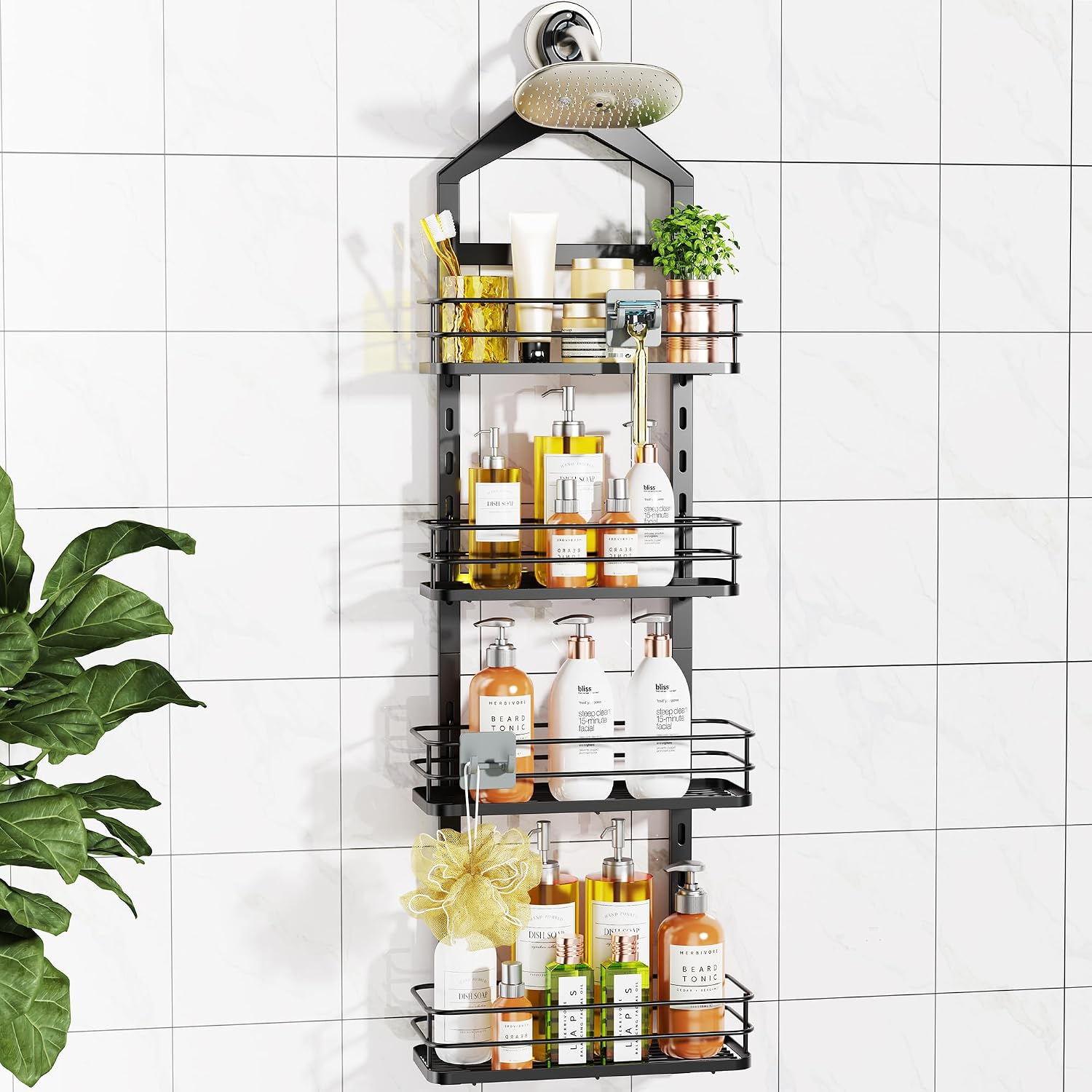 Black 4 Tier No Drill Hanging Shower Caddy