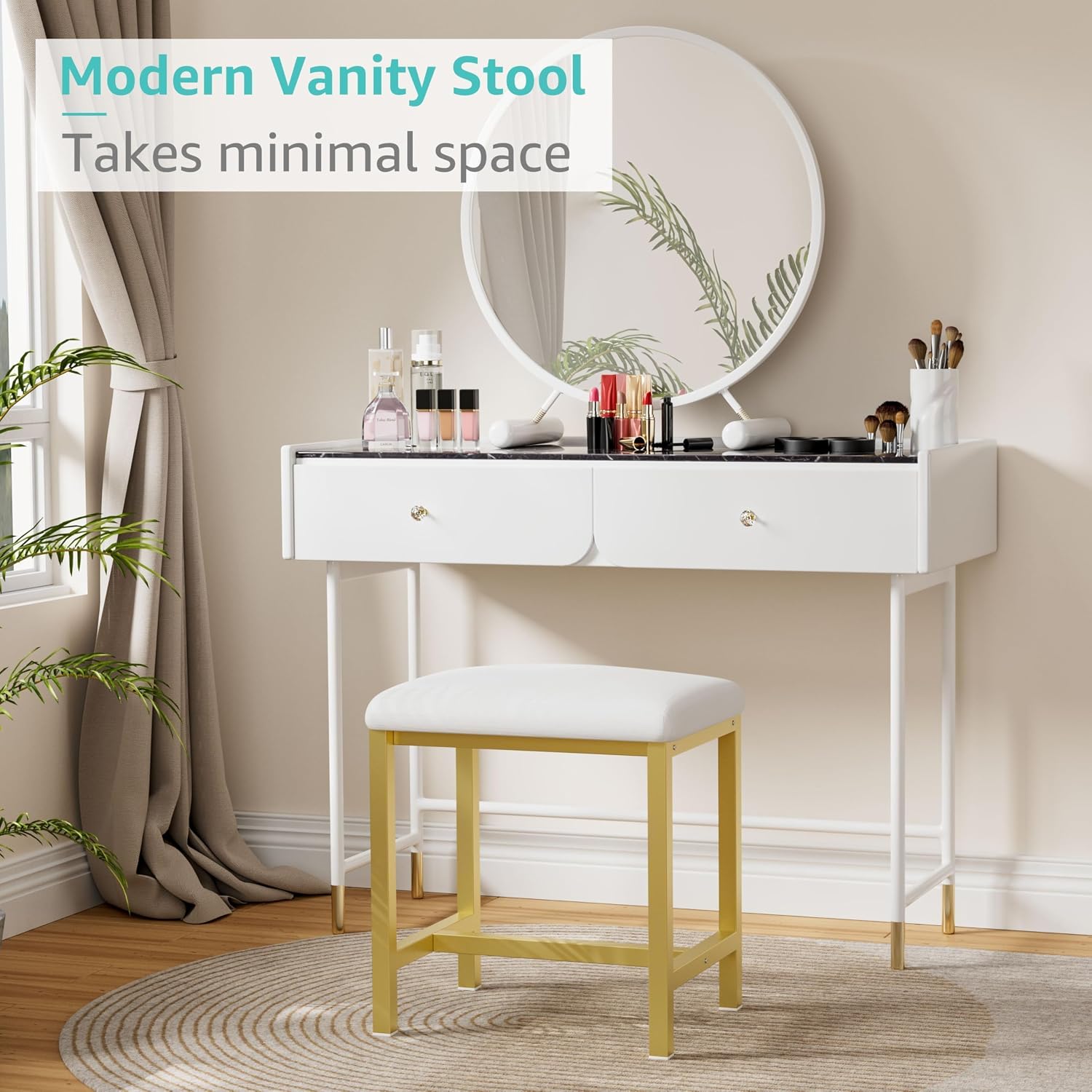 White Gold Cushioned Modern Vanity Stool
