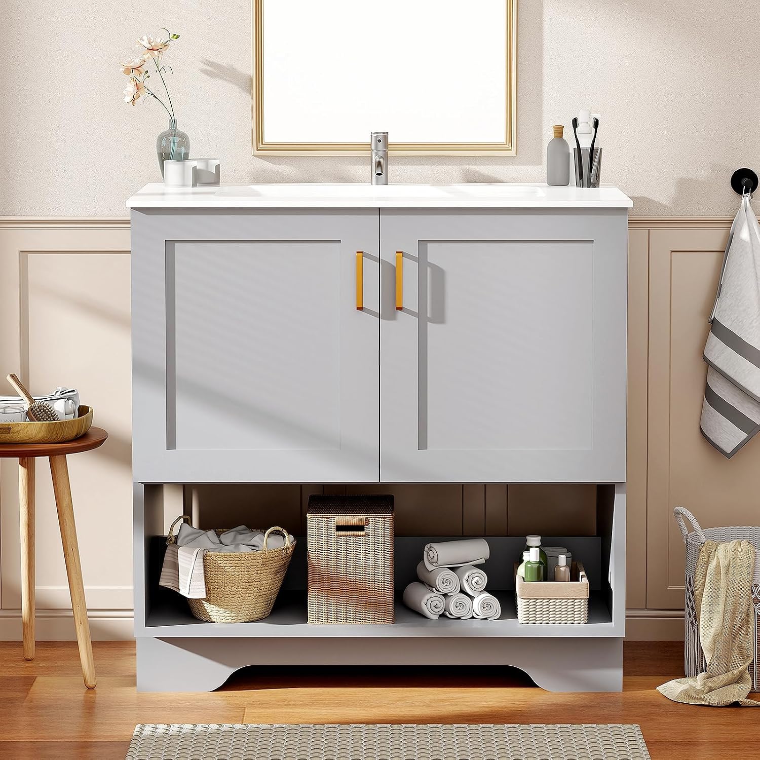 Grey Modern Ceramic Sink Bathroom Vanity